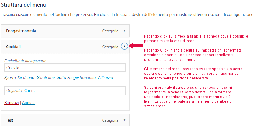 WordPress opzioni elementi della struttura menu