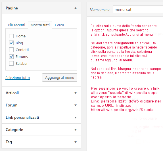 WordPress opzioni struttura menu