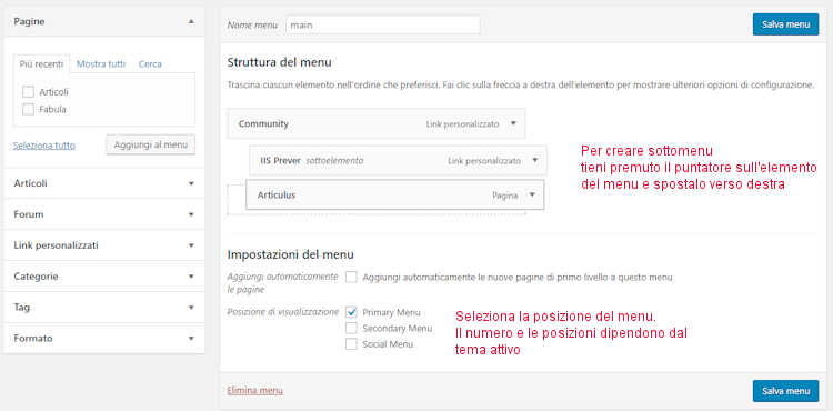 Wordpress, sottomenu e scelta della posizione