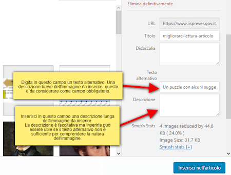 descrizione di come e dove inserire il testo alternativo per un'immagine in WordPress