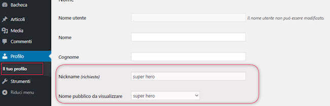 pagina profilo di WordPress