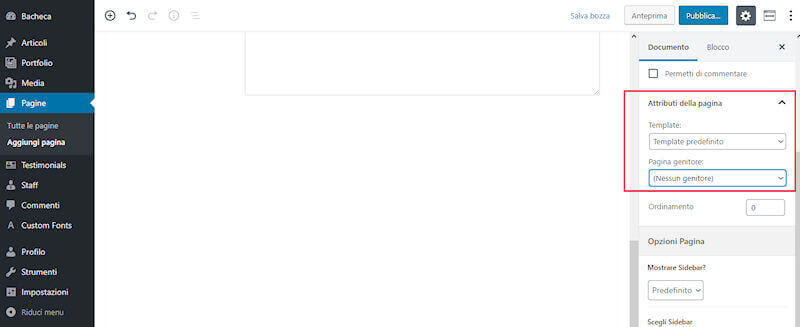 wordpress, crea pagina - attributi pagina