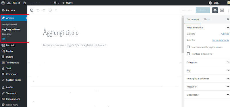 bacheca wordpress - menu articolo