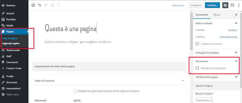 bacheca di wordpress - menu pagine