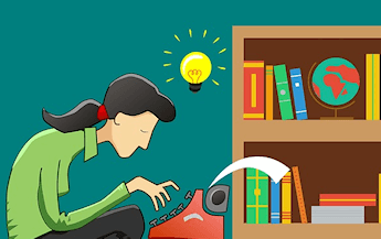 immagine in stile fumetto in cui una ragazza scrive alla macchina da scrivere