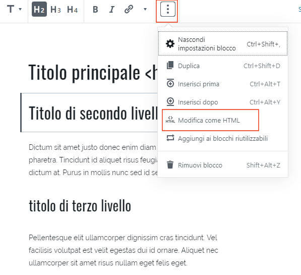 Comamdo del menu per modificare i titoli con html Hyoertext markup language