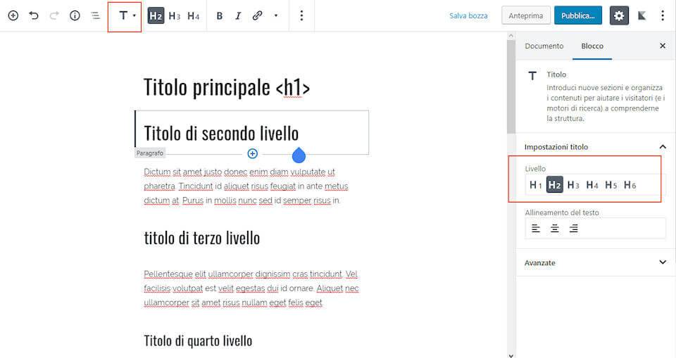 aggiungere titoli nell'editor di WordPress