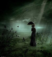 quadro di donna che cammina con ombrello in un cielo nuvoloso