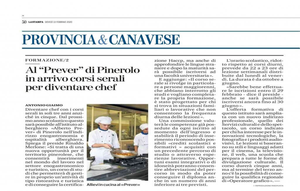 articolo La stampa sui corsi serali al prever