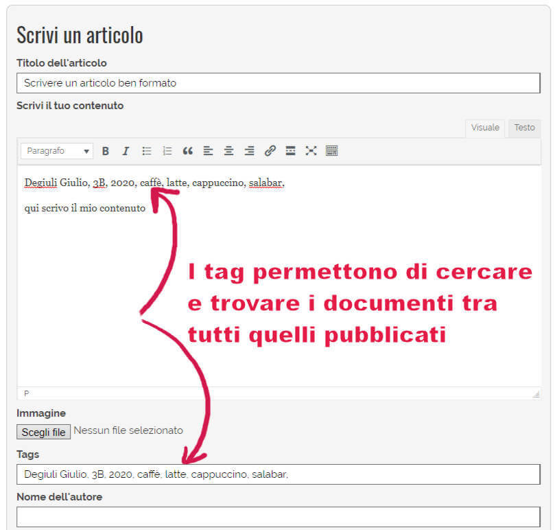 finestra editor scrivere i tag
