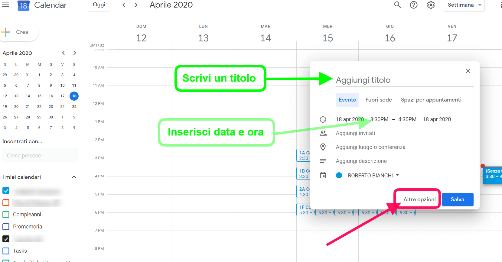 Calendar altre opzioni