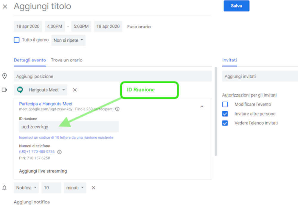 calendar codice riunione meet