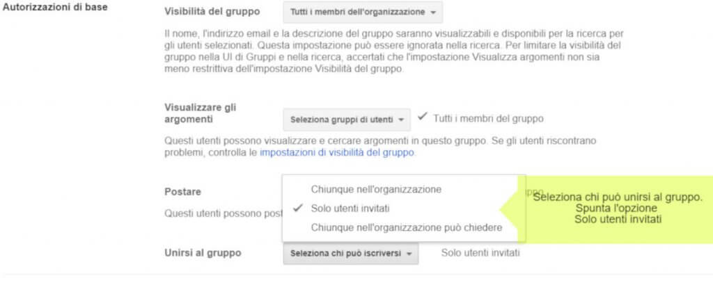GSuite gruppi seleziona invitatti
