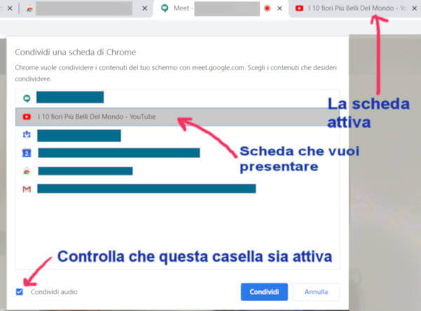 Seleziona scheda meet per audio e video