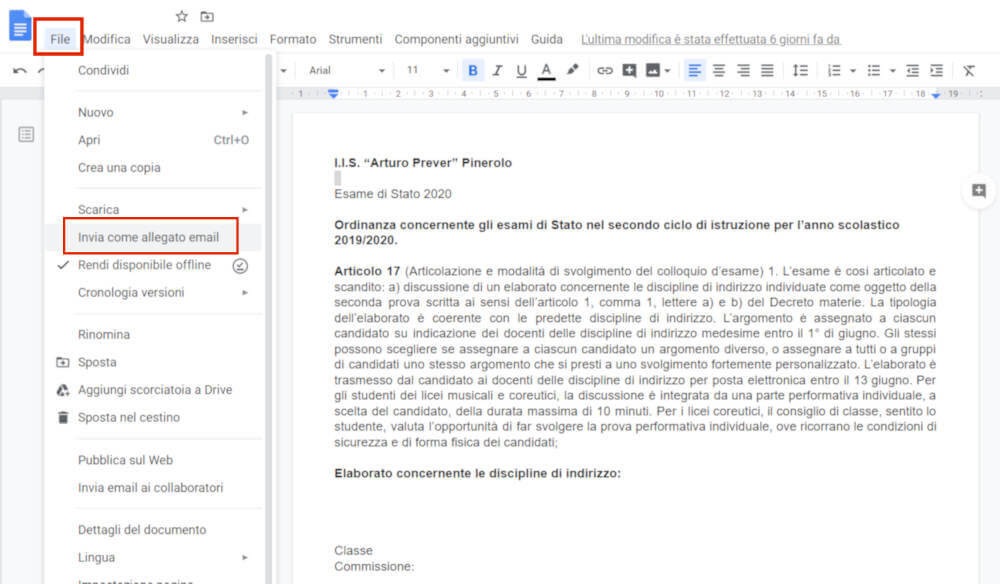 Documenti google - invia come allegato email