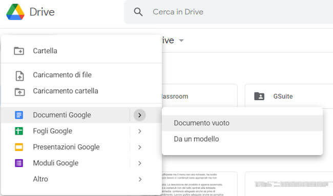 google drive menu file nuovo