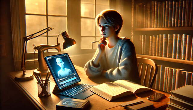 Studente riflette davanti al computer se usare la penna o l'IA per scrivere. Immagine generata da DALL-E