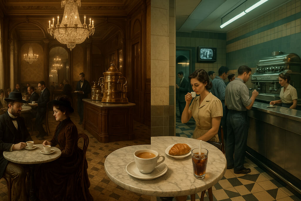 l'immagine è divisa in due parti: a destra un caffè storico a sinistra un bar ambientato negli anni 50 - 60 per rappresentare le diverse stili di arredamento e servizio