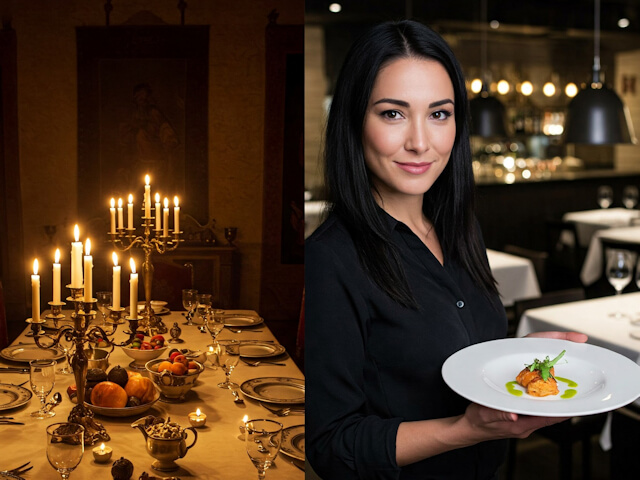 l'immagine mostra una tavola imbandita in modo classico rinascimentale e uno sspazio ristorativo moderno sulla sinistra. al centro una giovane cameriera in abito nero, mostra un piatto di cucina gourmet