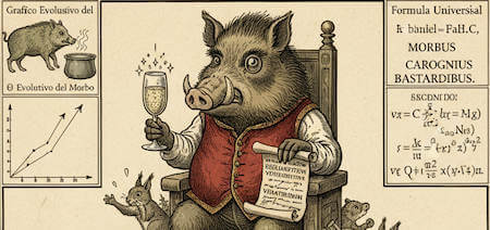 disegno con cinghiale seduto e bicchiere di spumante in mano con pergamena e altri scritti